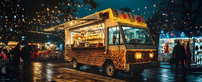 Food truck staff serving customers using compostable takeout containers and eco friendly food truck packaging