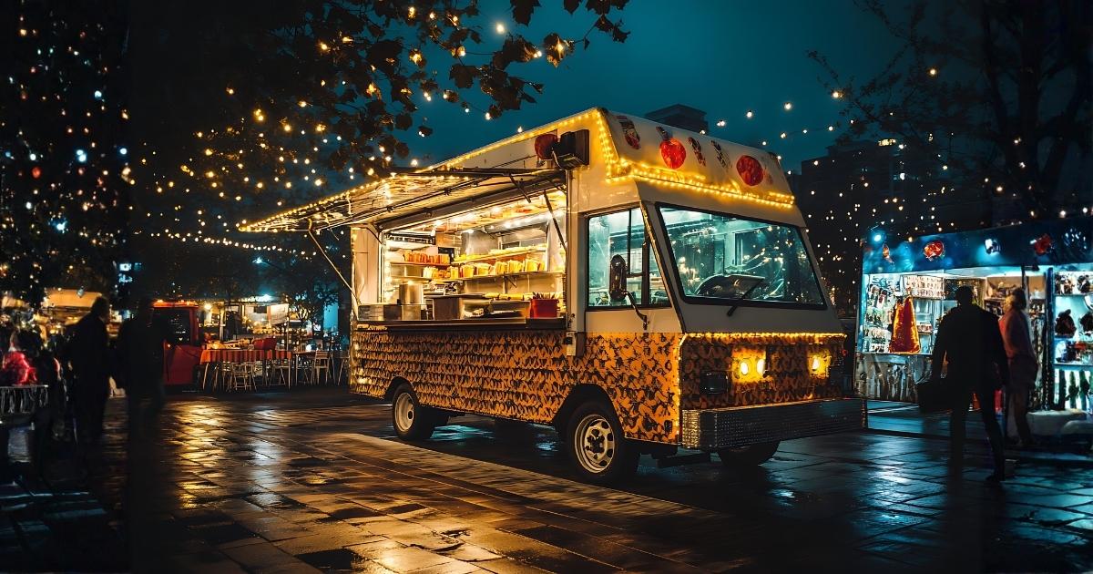 Food truck staff serving customers using compostable takeout containers and eco friendly food truck packaging